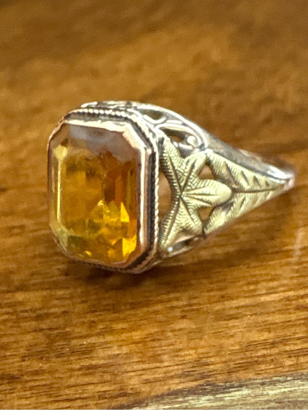 10K Yellow & Green Gold Filigree Ring art deco Orange Stone Vintage Size 5 - Picture 3 of 15
